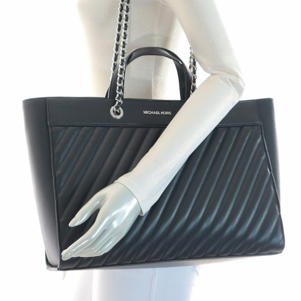 Michael Kors Rose Large EW Vegan Leather Shoulder Tote Bag Black/Silver